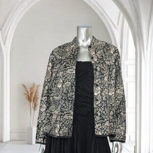 Chico's Floral Black Beige Silk Cotton Blend With Button Front Mandarin Collar L